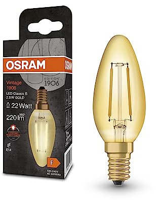 OSRAM Vintage 1906 Classic B FIL LED-Lampe, E14, klassische Minikerzenform, gold, 2,5W, 220lm, 2400K, warmweiße Komfortlichtfarbe, sehr geringer Energieverbrauch, lange Lebensdauer