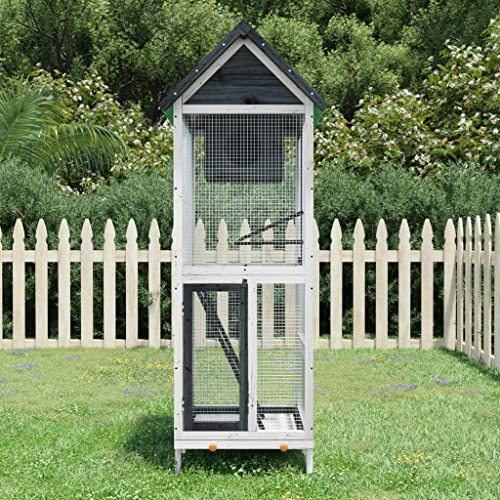 Festnight Vogelvoliere aus Holz Vogelkäfig mit Sitzstangen Vogelhaus mit Schmutzwanne Tierkäfig Voliere Außenvoliere Käfig Vogelhaus Voliere Aufzuchtkäfig Grau 60 x 58,5 x 160 cm