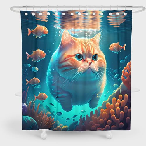 DDS-DUDES Duschvorhang-Set mit niedlicher Katze, für Kinderbadezimmer, lustige orangefarbene Garfield, schwimmen und Fische im Meer, Stoffdekoration, wasserdichte Vorhänge mit 12 Haken, 180,3 x 180,3