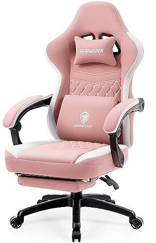 Dowinx Gaming Chair Fabric with Pocket Spring Cushion, Massage Gaming Chair with Footrest, Ergonomic PC Chair, Gamer Chair, Office Chair, 150 kg Load Capacity, Pink