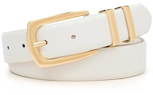 WHIPPY Damen Ledergürtel für Jeans Hosen Mode Damen Gürtel Leder goldene Schnalle in Übergröße,weiß 110cm