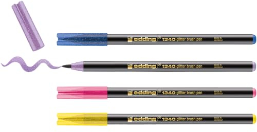 edding 1340 Glitzerstifte - mehrfarbig - 4 Pinselstifte mit intensivem Glitzereffekt - Pinselspitze 1-6 mm - ideal für Handlettering, Schreiben, Zeichnen und Ausmalen breiter Flächen