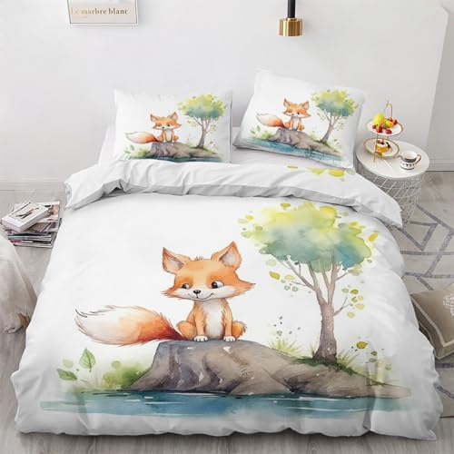 Fuchs Bettwäsche 135x200 Winter - Kinder Waldtiere Bettbezug 135 x 200 2er Set, Wendebettwäsche und Kissenbezug 80x80, Weiche & Angenehme & Warme Mikrofaser Bettwäsche-sets mit Reißverschluss