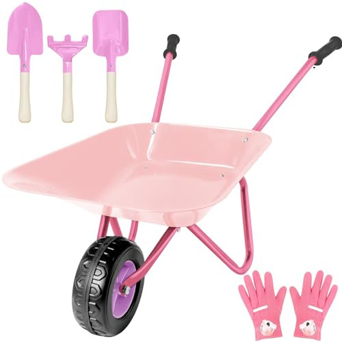 Ensemble de brouette en métal pour enfants avec pelle, râteau, pour l'extérieur, l'éducation, la ferme, le jardinage, le jeu, le jeu (rose)