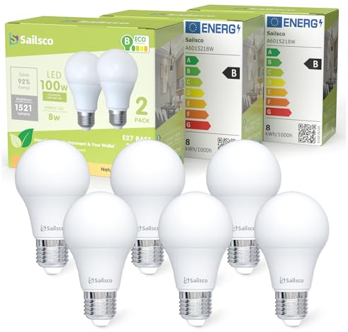 sailsco Klasse B E27 LED Neutralweiss Lampe,8W 4000K 1521 Lumen Neutralweiß LED Lampen,A60 Energiesparlampe 100W Glühbirne Ersetzt,Nicht Dimmbar LED Leuchtmittel,6 Stück