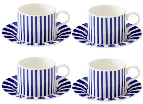 Spode Steccato 9oz Earthenware Teacup & Saucer, Set of 4 - Ornamental Glazed Drinkware with Cobalt Blue Bands & Decorative Design - Elegant Tea Service/Brunch Table Display, Great Housewarming Gift