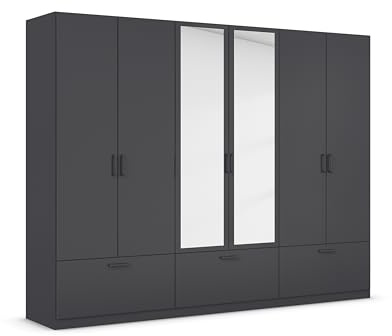 Rauch Möbel BARI, Kleiderschrank, Farbe Grau metallic, Breite 271 cm | Schrank, 6-türig, Spiegel, 3 Schubladen, für Schlafzimmer, Kinderzimmer, Babyzimmer, Homeoffice, Garderobe, Flur