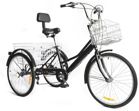 OUBUBY Dreirad für Erwachsene 24 Zoll, 7 Gang 3 Rad Fahrrad Erwachsene Cruiser Bike mit Einkaufskorb Dreirad mit Rückenlehne Dreirad Verstellbarer Sitz für Senioren (Schwarz)