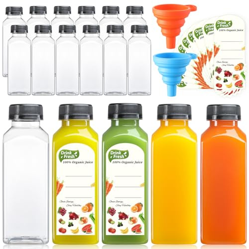 12 PACK, 12 OZ Reusable Thicker Plastic Juice Bottles with Caps, Leakproof | Plus 12 Labels & 2 Funnels, Clear Juicing Bottles for Juice, Smoothies, Ginger, Tea, Coffee -Food Grade & Travel & Freezable