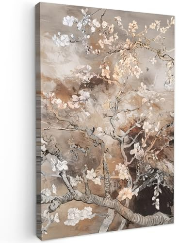 MuchoWow© Bild auf Leinwand Schlafzimmer Bilder Badezimmer Wand Deko | 60x90 cm - Wohnzimmer Modern Wanddeko Bilderwand Geschenk Mandelblüte - Kunst - Van Gogh - Beige - Abstrakt