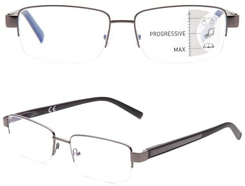 Amorays Multifokale Lesebrille gleitsichtbrille Blaulichtfilter Halbrandfassung aus Metall für klare Sicht bei Nah- Mittel- und Fernsicht - Komfortabel und langlebig (Graubraun, 2, x)