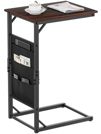 Ditind C-Shaped End Table, Side Table with Storage Bag, Bedside Table for Couch, Small TV Tray Table for Living Room, Bedroom furniture, Sofa Side(16.5 L*12.6 W*26 H) Rustic Brown and Black.