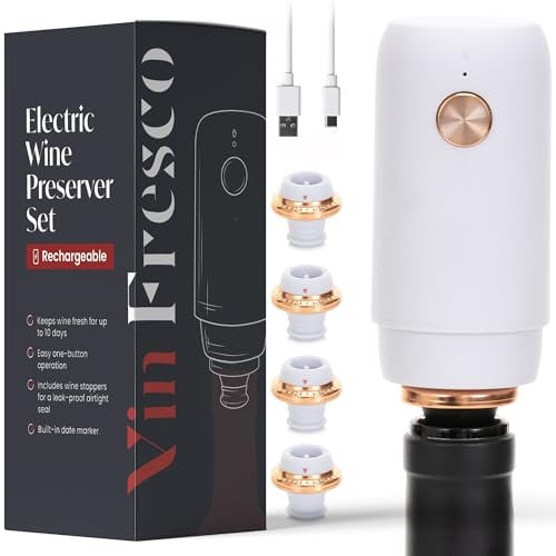 Electric Wine Preserver with 4 Food Grade Silicone Stoppers - Automatic Wine Saver - Rechargeable Wine Vacuum Pump - Reusable Wine Bottle Sealer to Keep Wine Fresh (White and Rose Gold)