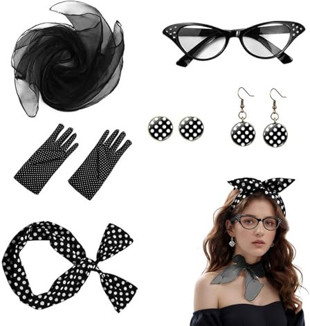 6 Stücke Set 50er Jahre Outfit Damen Rockabilly Accessoires Klassisch Vintage 60er Jahre Zubehör für Karneval, Cosplay, Party, Masquerade (Schwarz)