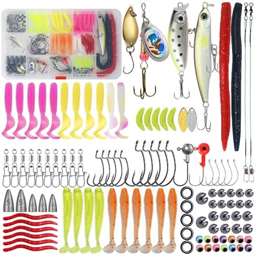 WEDNOK Fishing Lure Kit 114pcs Mixed Lures & Accessories Set with Storage Box, Metal Spinner Baits, Fish Hooks for Freshwater & Saltwater