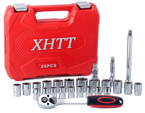 XHTT 26 Pieces 3/8 inch Drive Socket Ratchet Wrench Set,Socket Set Metric/SAE,With 72 Tooth Reversible Ratchet,Extension Bar, Universal Joint,with Storage box