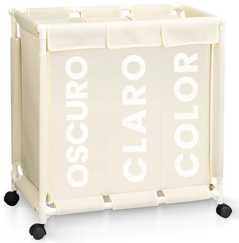 JUPPLIES Cesto Ropa Sucia con Tapa y Ruedas – Cesta Organizador 3 Compartimentos, 64x60x34cm, Tela Oxford Resistente, Cestos para la Ropa Sucia