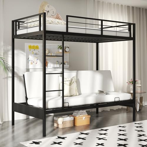 RELAX4LIFE Metal Bunk Bed, Single Over Futon Loft Bed Frame with Ladder, Full-length Guardrails and Under-Bed Storage, Convertible Sofa Couch Space Saving Slatted High Sleeper for Teens Adults, Black