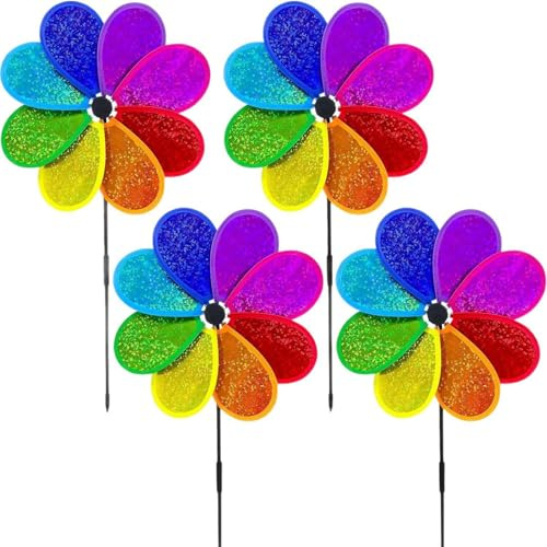 4 Stück Windspiel Blume Windrad Regenbogen Sparkly Windmühle Spinner für Rasen Windrad Hof Garten Terrasse Balkon Gartenstecker Deko (Mehrfarbig)