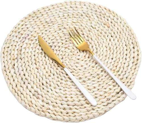Dudoplatz 4er Set 35cm Durchmesser Handgefertigte, Hitzebeständige Maisschalen-Platzsets: Gewebte Rattan-Tischsets, Waschbar und Natürlich Geflochten für Küche und Esszimmer(Maisschale,4 Stück)