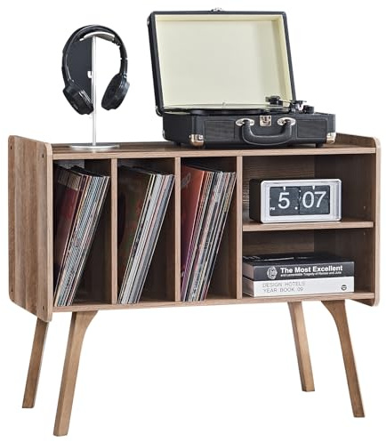 LELELINKY Oak Record Player Stand with 4 Cabinet Holds Up to 220 Albums, Large Turntable Stand with Wood Legs, Mid-Century Record Player Table,Vinyl Holder Storage for Living Room,Bedroom