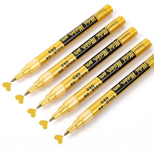 Caelura Goldstift Metallic Stifte, 5 Stück Acrylfarbe Gold Stift, Acrylstifte Gold, Glitzer Stifte für Holz, Glas, Steine, Keramik, Metall 2MM