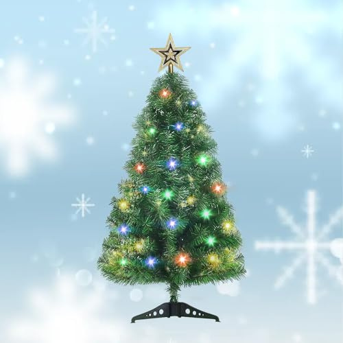 Mini künstlicher Weihnachtsbaum, 90cm Tischplatte Weihnachtsbaum mit 140 Zweigen und Lichter, Kleiner Weihnachtsbaum für Wohnung Büro Urlaub Party Dekor, grüner Baum