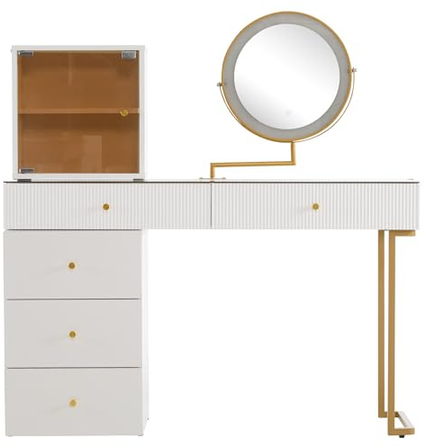 fullarrive Juego de tocador con iluminación LED de espejo de 3 colores y armario lateral, 120 x 45 x 115 cm, color blanco y dorado, mesa moderna con cristal templado para dormitorio