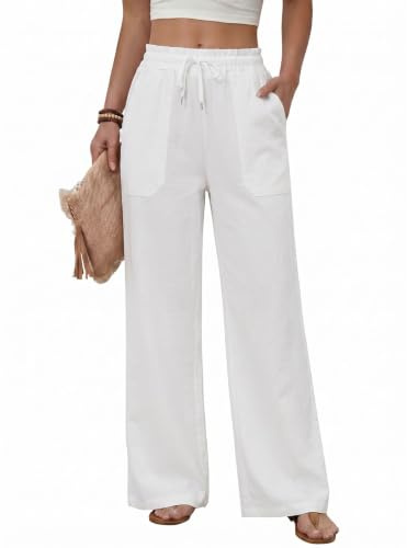 heekpek Womens Summer Trousers Loose Lightweight Comfy Ladies Straight Leg Trousers Elasticated Waist Drawstring Casual Pants for Women UK, White, M