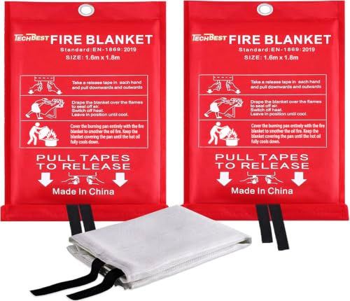 TechBest Löschdecke Küche Feuerlöschdecke - 160 x 180 Glasfaser 2-Packung. DIN EN 1869:2019. Brandschutzdecke für Fettfeuer in Auto, Schule, Kamin, Grill, Büro, Garage, Schweißen, Lager.