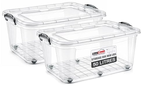 BH | Plastic Storage Box with Lids and Wheels | LARGE Size | 50L (L:63.5cm W:40.5cm H:33.5cm) | Set of 2 | Stackable Clear Durable Multipurpose Office Toys Home Tools Crafts Household - by Best House