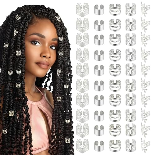 CATZUM 50 piezas ajustables Plata Joyas para Dreadlocks, Accesorios para Trenzas, Espirales para el Pelo, Clips para Locs, Decoración para Cabello con Dreadlocks (Plata)