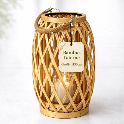 Bambus Windlicht Laterne im Boho Stil – Kerzenhalter mit Glas & Jutegriff – Für Balkon, Garten & Wohnzimmer – Warmes Licht & natürliche Deko – Klein, Mittel, Groß oder Set (Groß (H30cm))
