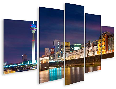 Bild Bilder auf Leinwand Bunte Nachtszene des Rheins bei Nacht in Düsseldorf. Rheinturm im weichen Nachtlicht, Nordrhein-Westfalen, Deutschland, Europa. Wandbild, Poster, Leinwandbild QHL