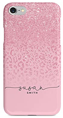 Tirita Personalised Initials Custom Hard Phone Case Compatible with iPhone 7 & 8 PRINTED GLITTER, NOT REAL GLITTER Animal Print Sparkly Leopard Cheetah Baby Pink