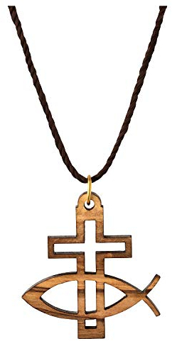 MaMeMi Hermoso collar con colgante de auténtica madera de olivo, cruz y pez, aprox. 4x4cm
