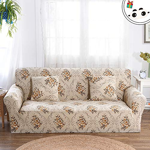 Enhome Schonbezug für Sofa, 1/2/3/4 Sitzer Elastisch Sofabezug Spandex Stretch Protector Klassischer Stil Couchbezug Sofa Überwürfe Abdeckung Hussen mit Armlehne (Khaki Floral,2 Sitzer)
