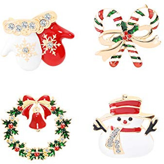 Clest F&H Lot de 4 broches de Noël pour femme - Multicolores - Strass et cristal - Cadeau de Noël pour filles - Avec gant de marche, bâton de neige, couronne de bonhomme de neige