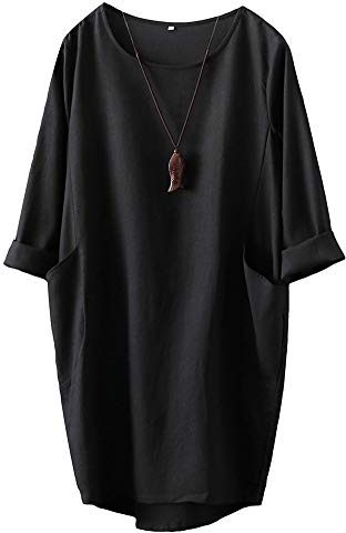 FTCayanz Damen T-Shirt Tunika Kleid Langes Leinenkleider Elegant Langarm Blusenkleid Mini Kleider Schwarz XXL