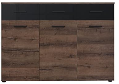 FORTE Jawa Kommode mit 3 Türen und 3 Schubladen, Holzwerkstoff, Schlammeiche / Schwarz Hochglanz, 44 x 93,5 x 134,5 cm
