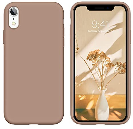 DOMAVER Coque Silicone Liquide Four iPhone XR 6,1, Housse Mat Protection Antichoc Douce Doublure en Microfibre, Étui Téléphone Antidérapante Anti-Empreinte Digitale, Brune Caramel