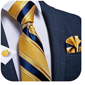 DiBanGu Seidenkrawatten für Herren und Krawattenring, gewebt, Einstecktuch, Manschettenknöpfe, mit Geschenkbox, Paisley-Streifen, solide Krawatte, formelle Hochzeit, Gelb Blau, Einheitsgröße