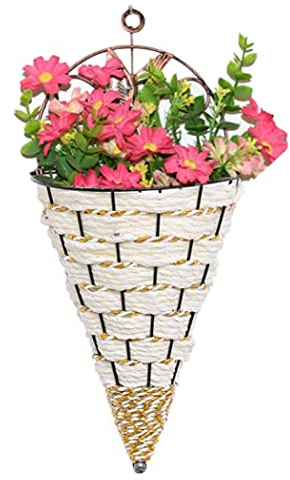 Hilai Plant Pots, Wall Hanging Flower Baskets Wicker Woven Wall-Mounted Plant Pot Holder Cone Storage for Home Garden White