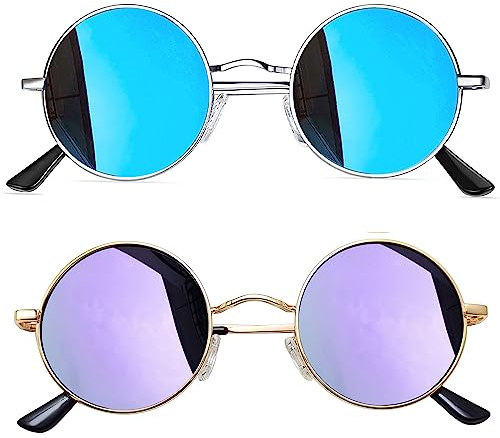 Joopin Verspiegelte Runde Sonnenbrille Herren Polarisiert Lila Retro Vintage Hippie Sonnenbrille Blau Gläser (Silber Blau und Gold Violett)
