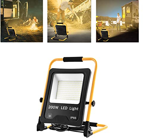 LZQ LED Baustrahler 200W Warmweiß Scheinwerfer inkl. Standgestell und Netzkabel, Arbeitsleuchte IP66 Wasserdicht Arbeitsscheinwerfer mit Stecker, Bauscheinwerfer für Werkstatt Baustelle Garage