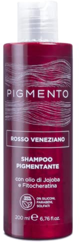 Pigmento, Shampoo pigmentante, Trattamento Ravviva il Colore con Olio di Jojoba e Fitocheratina, Colore Capelli Rosso Venerziano, Deterge e Rende i Capelli Brillanti e Setosi, 200ml