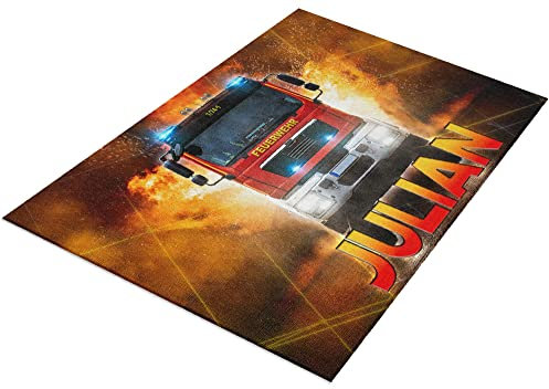 timalo® Feuerwehrauto Kinderzimmer Teppich mit Namen | Personalisierbarer Kinderteppich Dekoration individuelle Kinder Fußmatte drucken Lassen | carpet-kind-a-140x90-11-Feuerwehr