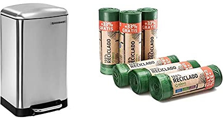 SONGMICS Rubbish Bin, 30L Trash Can, Steel Pedal Bin, with Inner Bucket and Lid, Silver Colour LTB01L, Metallic & Relevo 100% Recycled Bin Liners, Heavy Duty 30L