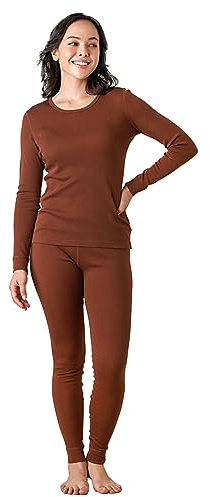 LAPASA Merino Wolle Thermounterwäsche Set Damen, Merinowolle warm Unterhemd Langarmshirt & Thermo Unterhosen Leggings (L58), Braun (Warm), S
