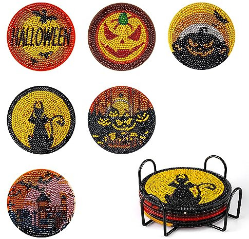 KINBOM 6pcs Sous-Verres de Peinture de Diamant d'Halloween, Sous-Verres de Peinture au Diamant Sous-Verres en Liège pour Boissons Halloween pour Adultes Enfants Bricolage Artisanat d'Art de Diamant